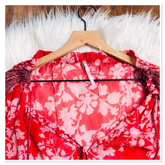 Free People Hendrix Blouse Red Floral Boho Tassel Front Size XS - Picture 9 of 11